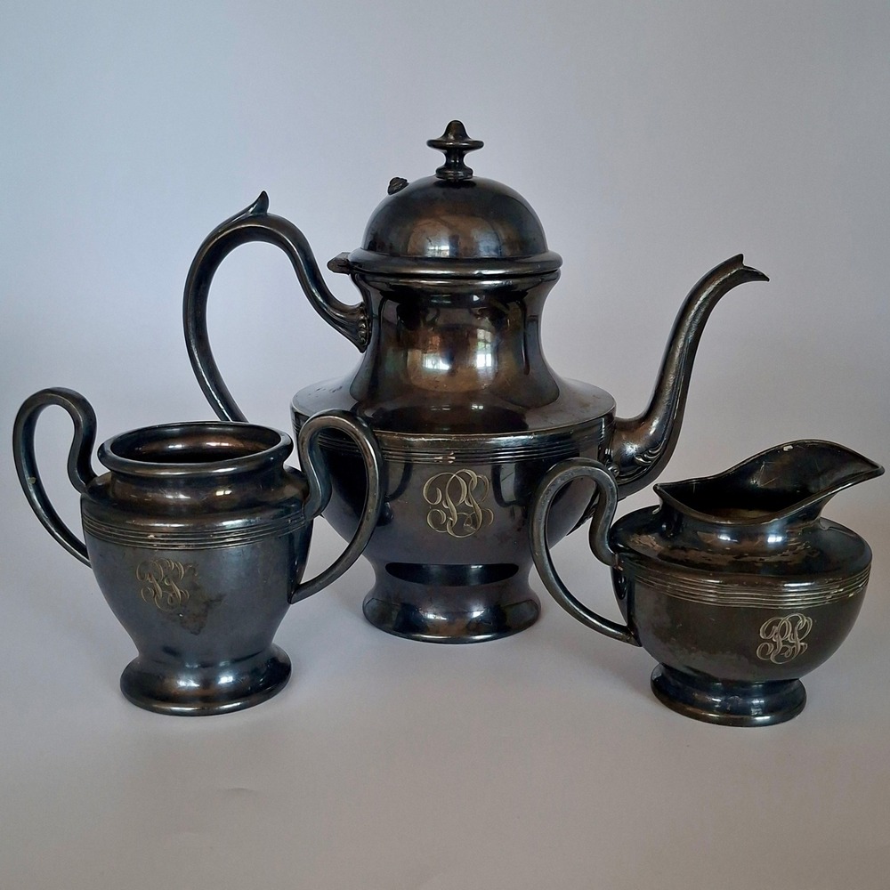 Antique Derby Silver Plate Co 2684 3 Pc Tea Set Teapot Creamer Sugar Monogram